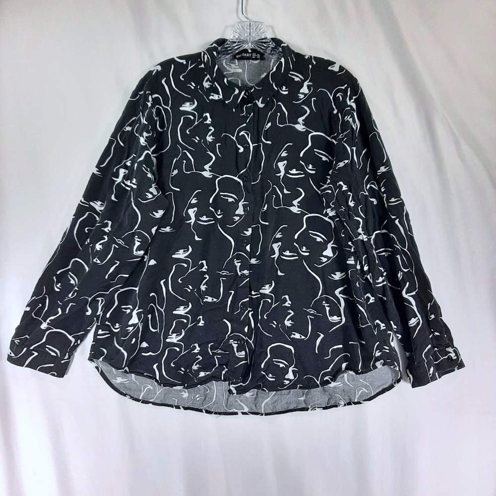 Big Dart Black White Abstract Face Print Button Front Blouse Top Plus Size 24